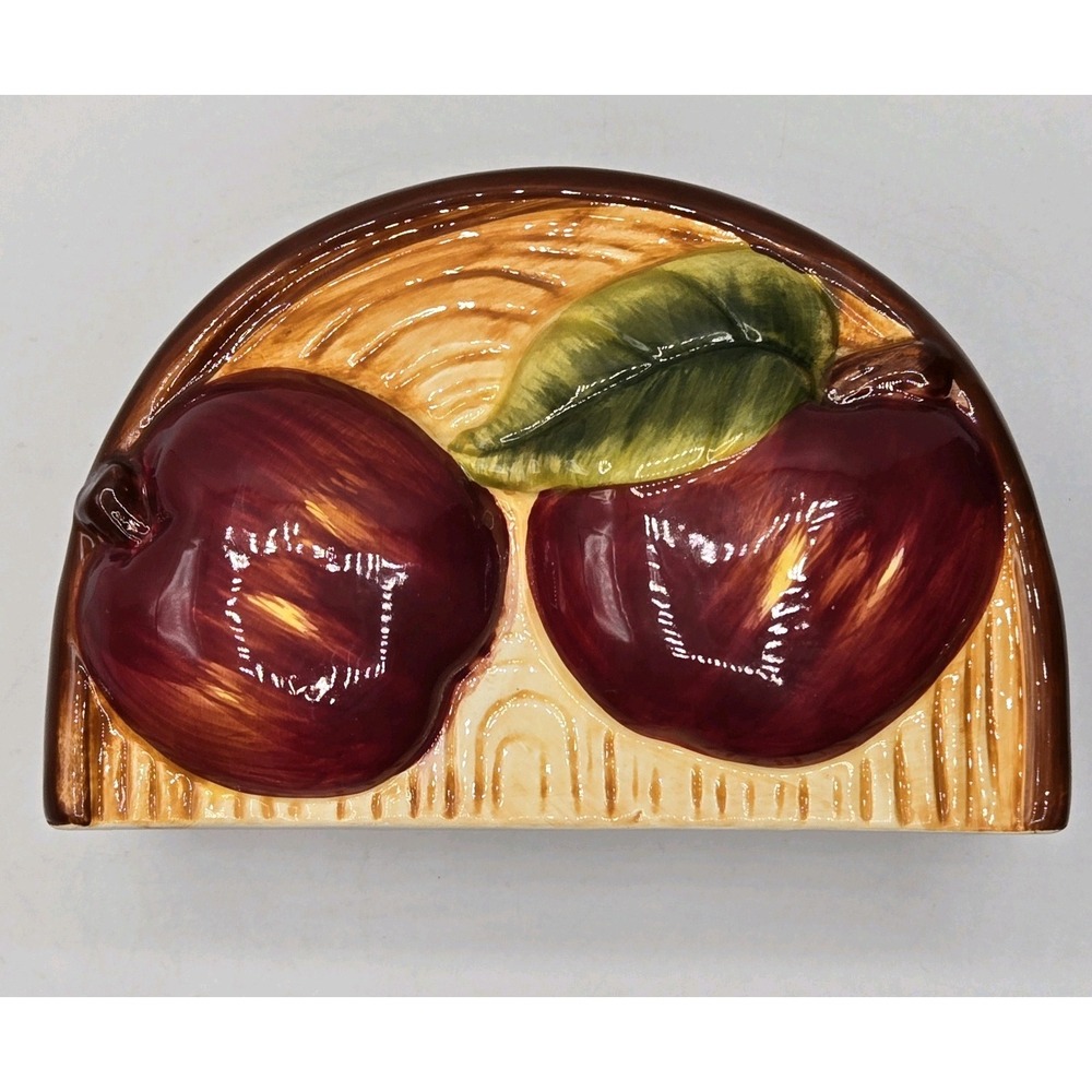 Vintage 3D Ceramic Napkin Holder Hand Painted Apples & Woodgrain Design EUC